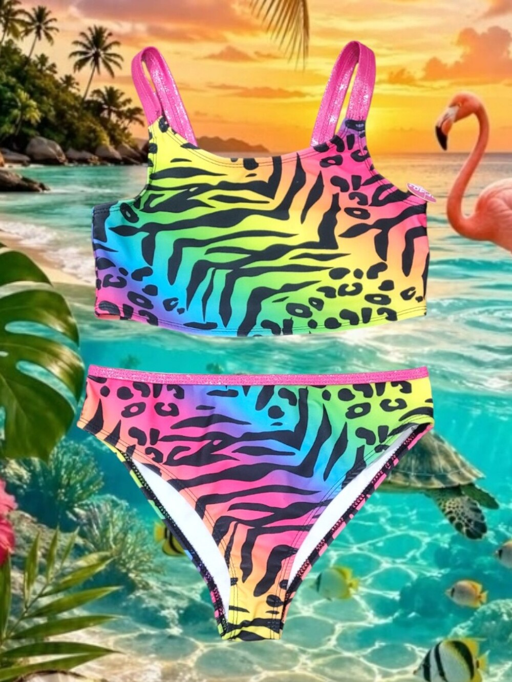 Kinnly Girl's Tween/Teen Neon Animal Rainbow Print Bikini Set